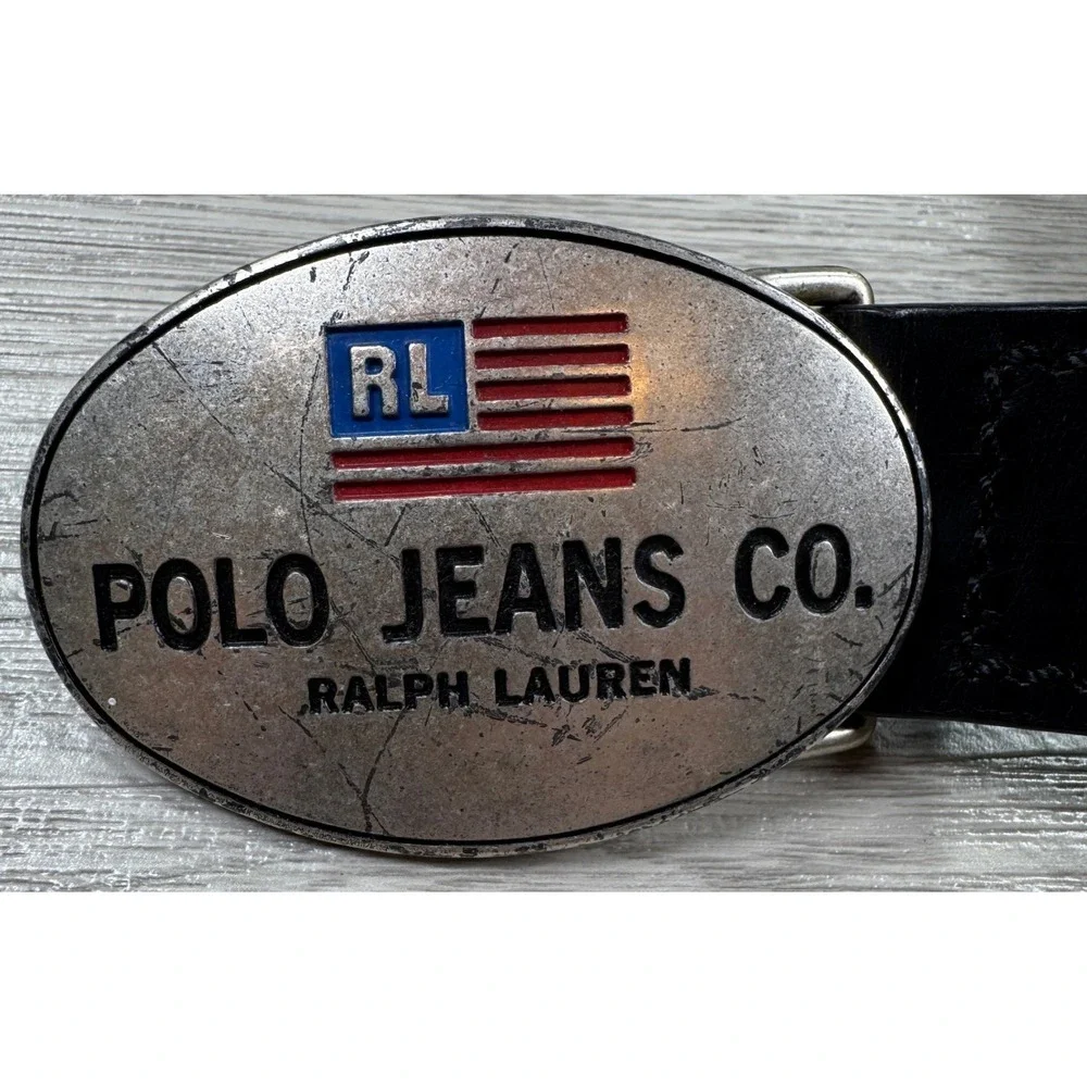 Polo Jeans Co. Ralph Lauren Men's Belt Large Metal Oval Buckle Black 38 Leather
